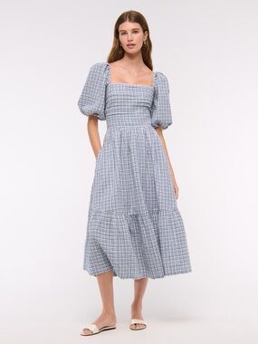 ISO: Abercrombie & Fitch Emerson Midi Puff Sleeve Dress in BLUE LINEN in XXSP